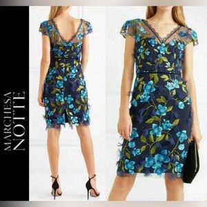 Marchesa Notte 3D Floral Embroidered Cap Sleeve Navy Cocktail Dress 0 $795